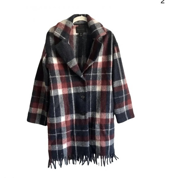 Ellie Tahari Plaid Wool Blend Fringe Hem Coat Size Small - Picture 1 of 6